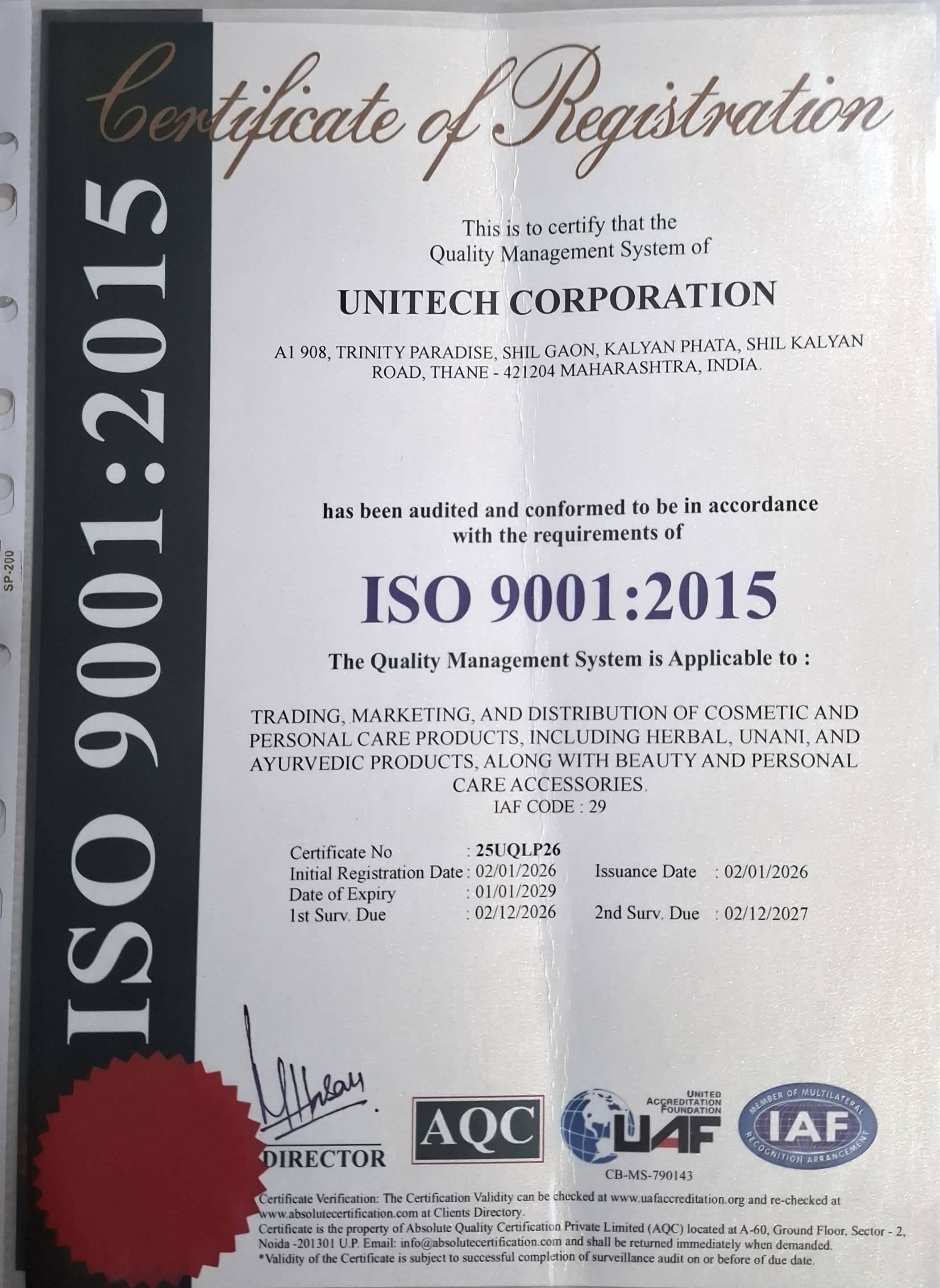 ISO 9001:2015 Certificate of Registration - Unitech Corporation